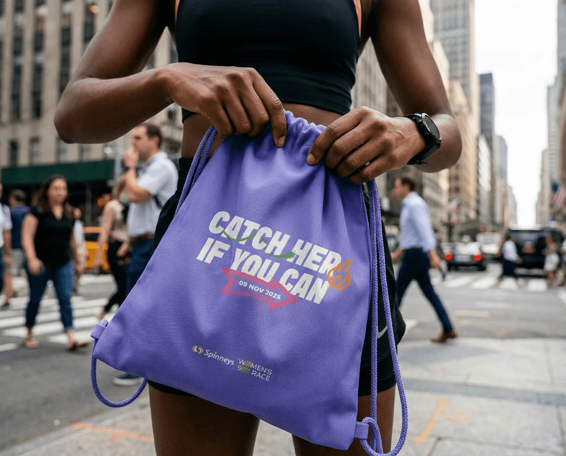 Runner holding a purple drawstring bag printed with ‘Catch Her If You Can’